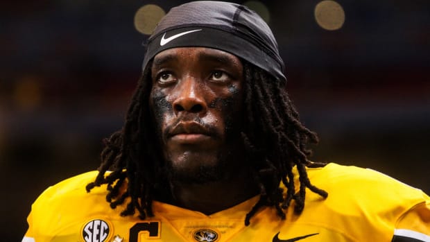 Missouri defensive tackle Darius Robinson looks on during MU's game against Memphis at the Dome at America's Center on Sept. 23, 2023, in St. Louis, Mo.